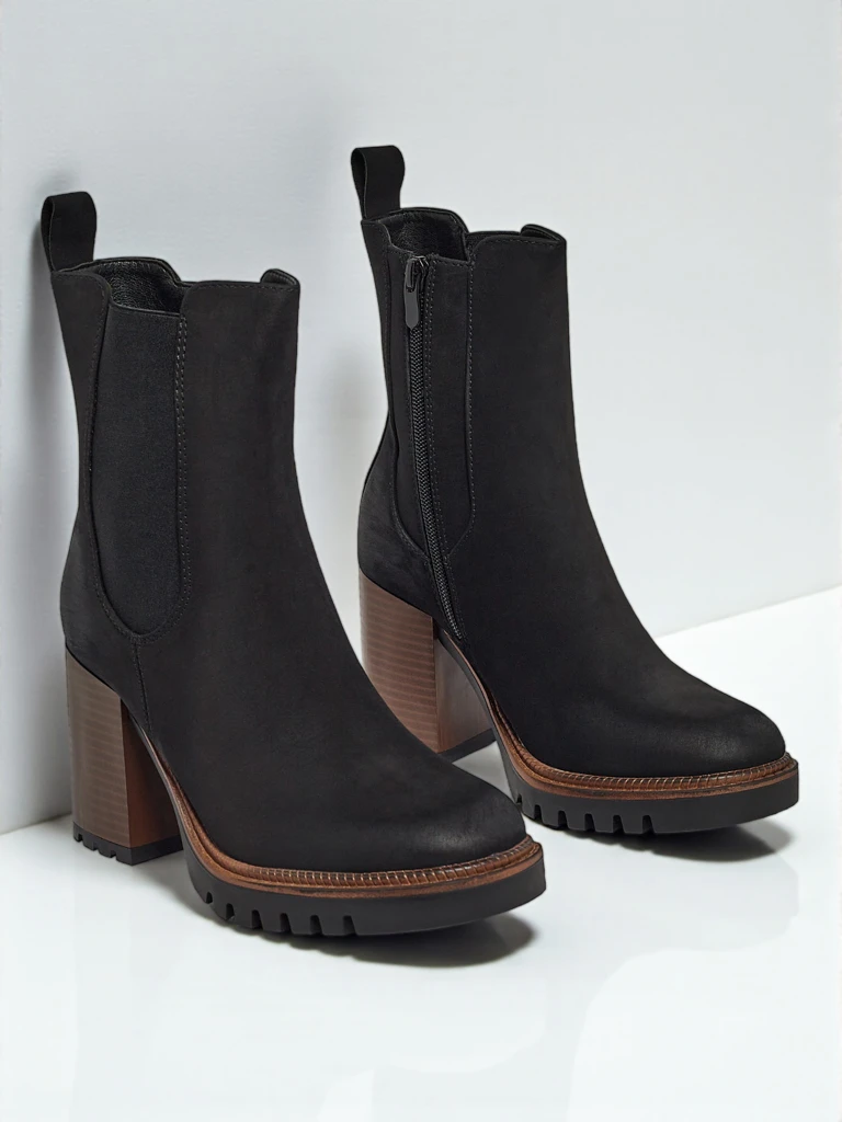 Botine de damă Soreya din piele ecologică intoarsă cu toc gros