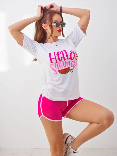 Royalfashion Set sportiv pentru femei cu tricou și pantaloni scurți Hello Summer