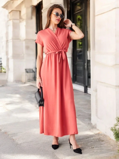 Rochie midi pentru femei Royalfashion cu decolteu înfășurat, mâneci scurte și un centură