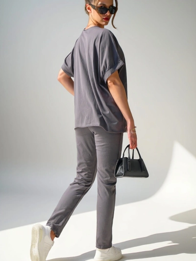 Set din bumbac Royalfashion pentru femei, cu mâneci scurte și pantaloni drepți