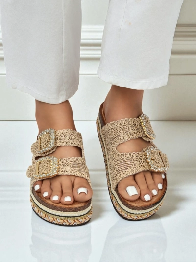 Royalfashion Sandale de damă cu catarame cu pietre GlamCork
