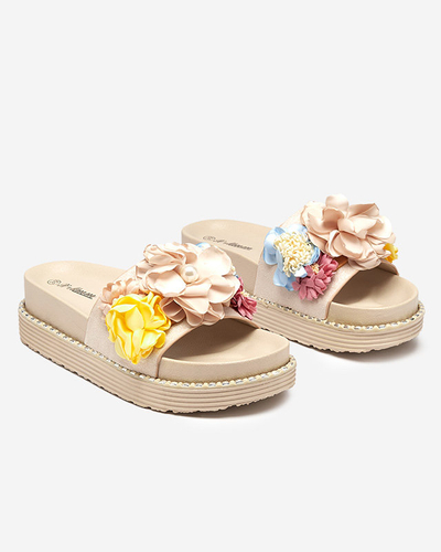 OUTLET Șlapi de damă cu flori din țesătură, bej Kaffga- Footwear