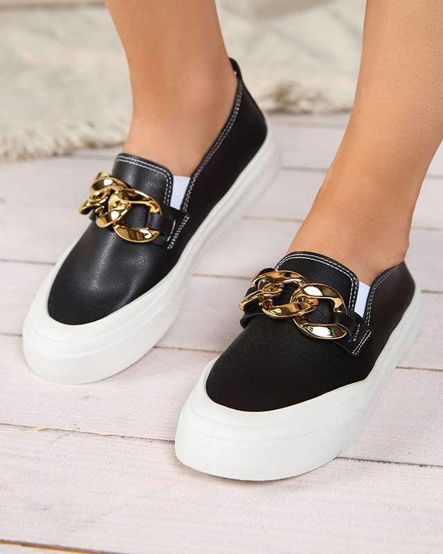 Pantofi de damă negri cu slip-on pe talpă mai groasă cu decor Senula - Încălțăminte