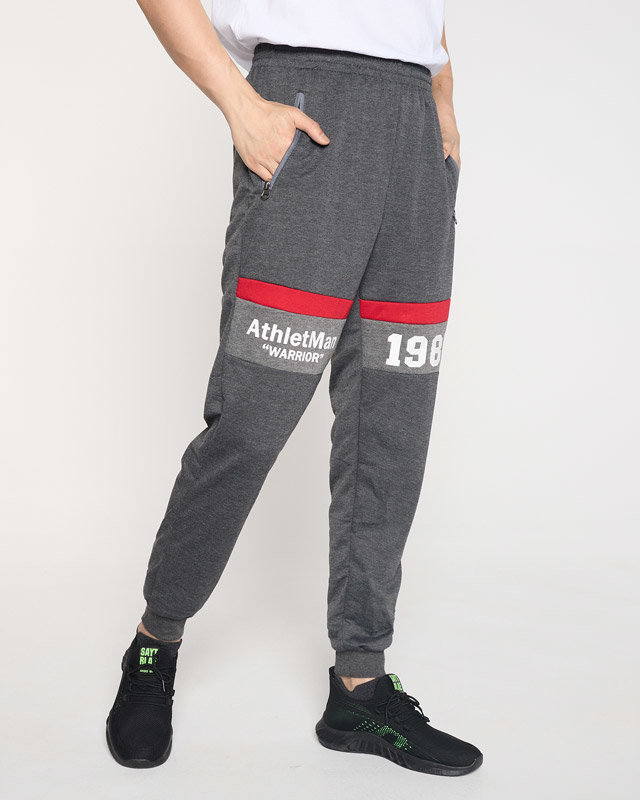 Pantaloni de trening pentru bărbați gri închis cu inscripții - Îmbrăcăminte
