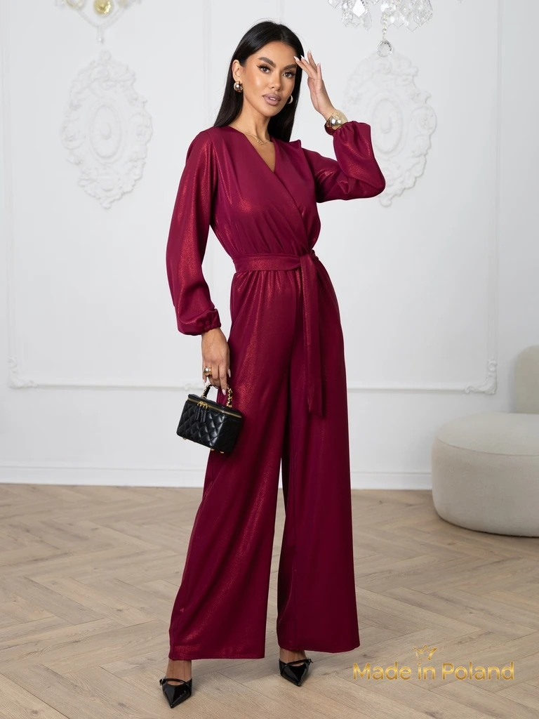 Salopetă de damă 'Valentina' bordo cu mânecă lungă și pantaloni largi