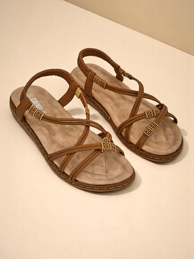 Sandalia pa hende muhe Royalfashion Cressida camel plat konfort kuero eco zomer