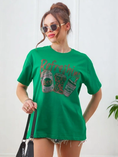 T-shirt din bumbac pentru femei Royalfashion cu imprimeu din strasuri