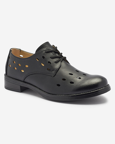 Pantofi de damă cu șiret din piele ecologică traforată, de culoare neagră Selofso- Footwear