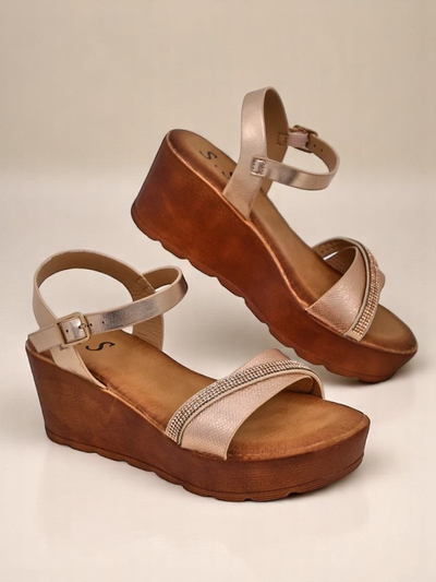 Sandale cu wedge Royalfashion pentru femei, cu strassuri și sclipici Aurora Glow