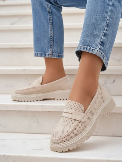 Loafers de damă Callista bej, piele ecologică, toc plat 4 cm