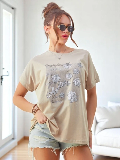 Tricou din bumbac pentru femei Royalfashion cu imprimeu cu frunze