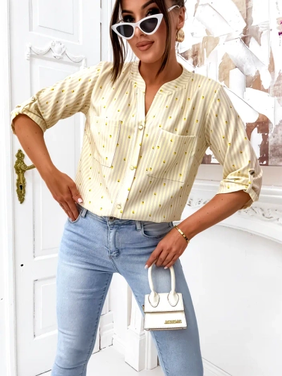 Cămașă stripată Royalfashion pentru femei cu lămâi și guler în V