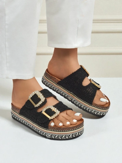 Royalfashion Sandale de damă cu catarame cu pietre strălucitoare GlamCork