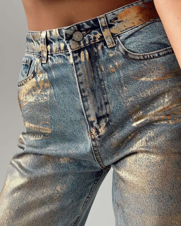 Royalfashion Blugi largi de damă cu sclipici auriu