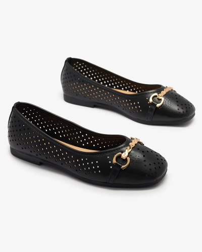 Balerini negri de damă traforați cu ornament auriu Serilla- Footwear