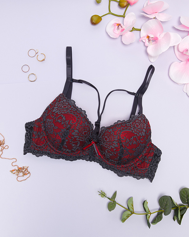 Sutien gri și roșu din dantelă cu bretele - Lenjerie intimă