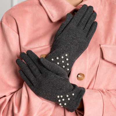 Mănuși gri pentru femei cu perle - Accesorii