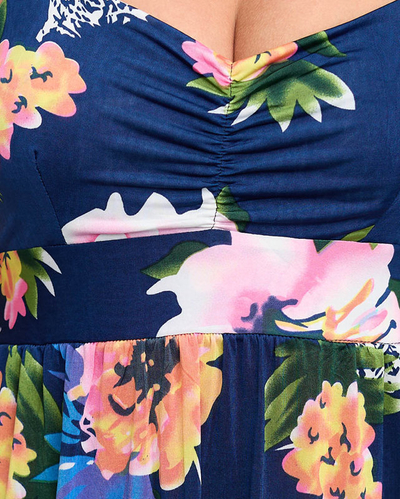 Rochie florală bleumarin până la genunchi - Îmbrăcăminte