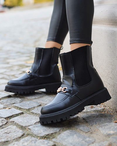 OUTLET Cizme din piele ecologică pentru femei, izolate, negre, cu ornament Fera - Încălțăminte