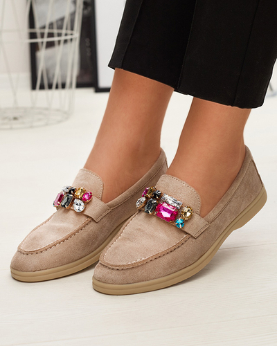 Mocasini pentru femei din piele de căprioară ecologică maro deschis cu cristale decorative Nellens- Footwear