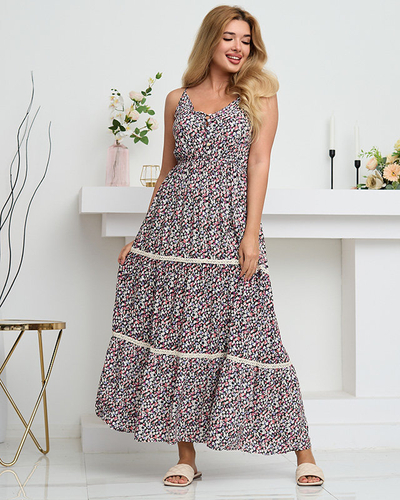 Rochie de dama lunga roz si neagra cu flori colorate - Imbracaminte