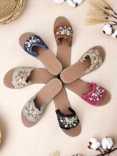 Sandały damskie Royalfashion Helena Decor czarne espadryle z muszelkami