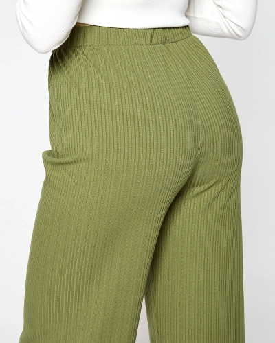 Pantaloni largi cu nervuri pentru femei, de culoare verde - Îmbrăcăminte