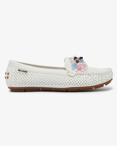 Royalfashion Mocasini albi de damă, ajurați, cu cristale decorative Cizzas