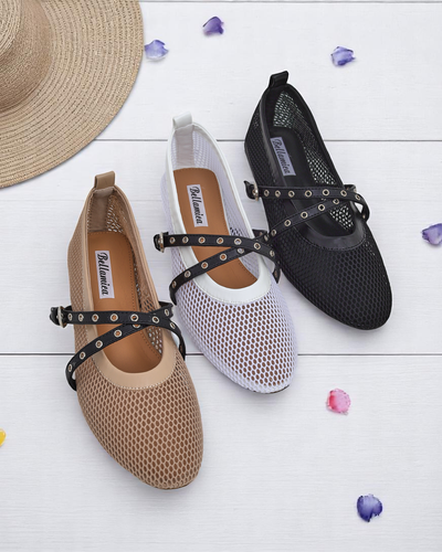 Balerini Royalfashion Calista Bianca – pantofi de damă albi tip plasă cu barete negre