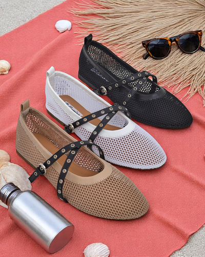 Balerini Royalfashion Calista Bianca – pantofi de damă albi tip plasă cu barete negre