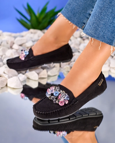 Royalfashion Mocasini negri de damă, traforați, cu cristale decorative Cizzas