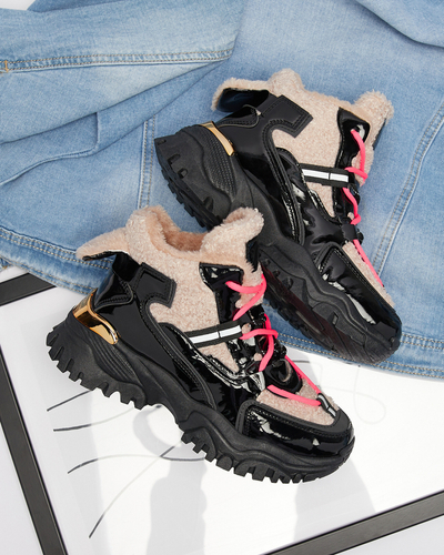 Pantofi sport de damă negri cu blană și șireturi roz neon Adbo- Footwear
