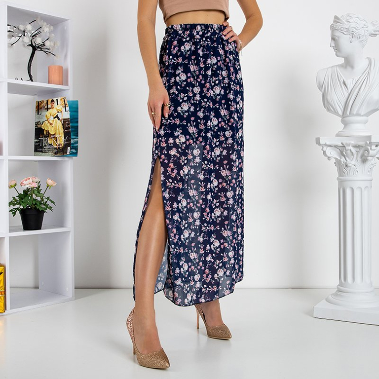 Fustă lungă albastru marin cu model floral - Îmbrăcăminte