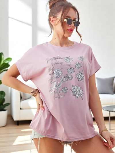 Tricou din bumbac pentru femei Royalfashion cu imprimeu cu frunze