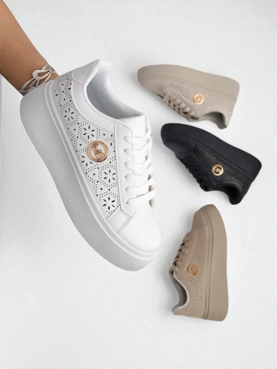 Sneakers damski Aelia Royalfashion pe platformă albi ajour ecru