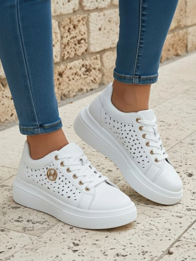 Sneakers de damă Calista Bianco din piele ecologică, ajurați, de primăvară, 4,5 cm