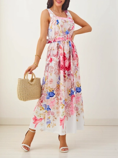 Rochie midi din viscoză pentru femei cu bretele, cu un centură cu flori diverse