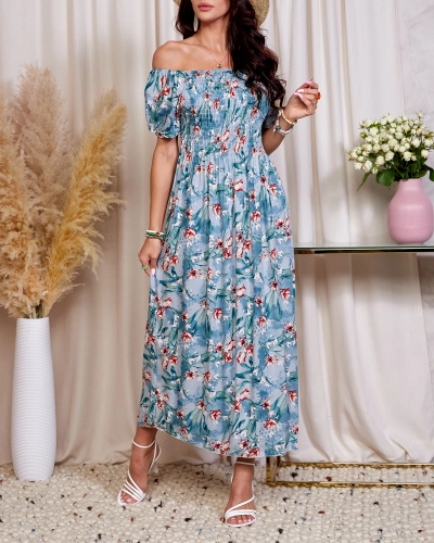 Rochie midi cu flori de culoare albastră pentru femei - Îmbrăcăminte