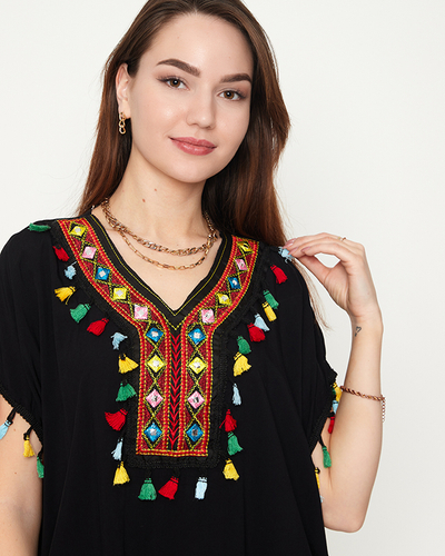 Tunica neagra de vara de dama de plaja cu franjuri - Imbracaminte