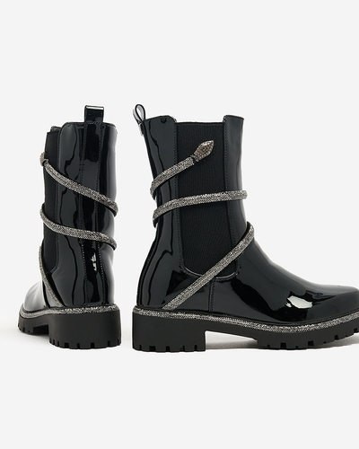 Royalfashion Cizme negre lăcuite pentru femei cu ornament la modă Frosty Glam