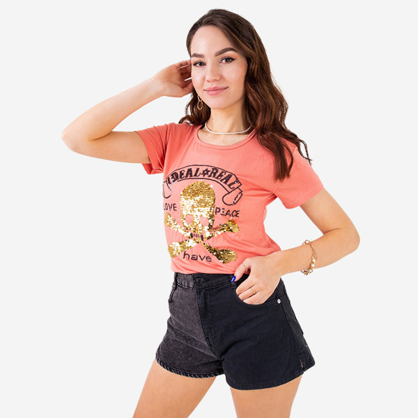 Tricou damă portocaliu din paiete cu inscripții - Îmbrăcăminte