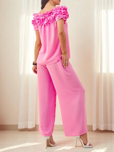 Royalfashion Set de femei cu bluză cu mâneci scurte, off-the-shoulder și decolteu decorativ, și pantaloni evazați