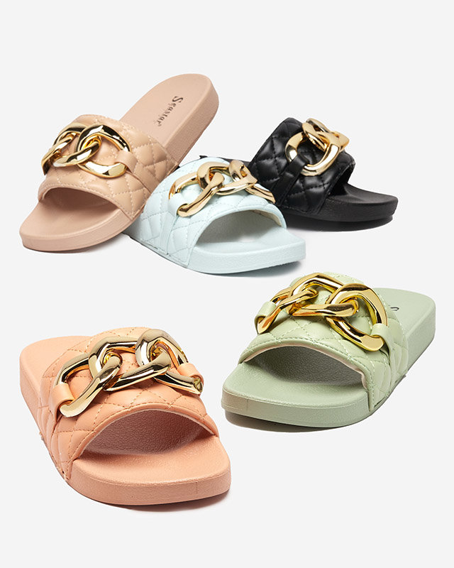 OUTLET Papuci de dama albastri matlasati cu lant auriu Eteris - Incaltaminte