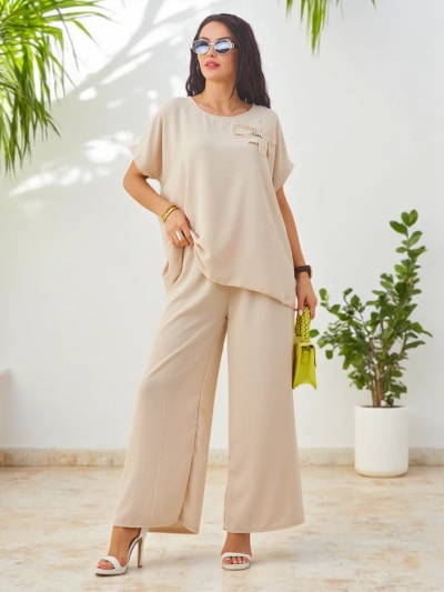 Set Royalfashion pentru femei cu mâneci scurte, floare decorativă și pantaloni largi