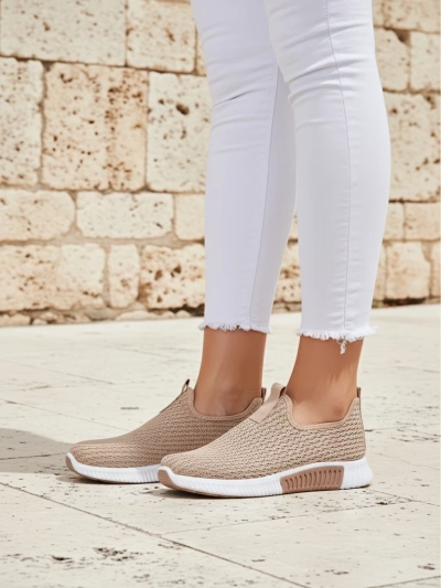 Slip-on damă Selene maro deschis, material textil, toc plat, confort