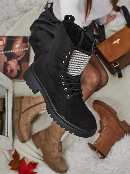 Botine de damă Ferlyne din piele ecologică de căprioară cu șireturi