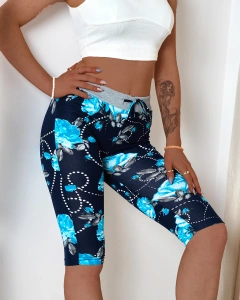 Pantaloni scurti florali de dama 3/4, bleumarin si albastru PLUS SIZE - Imbracaminte