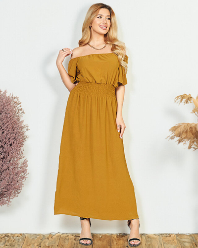 Rochie midi mustar cu talie elastica - Imbracaminte