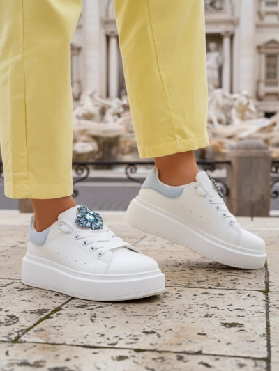 Aurelia Bianco – Sneakers damă albe cu platformă și ornament glamour