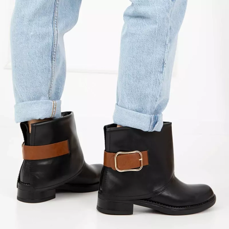 OUTLET Botine negre dama din piele ecologica cu toc plat Tera - Pantofi